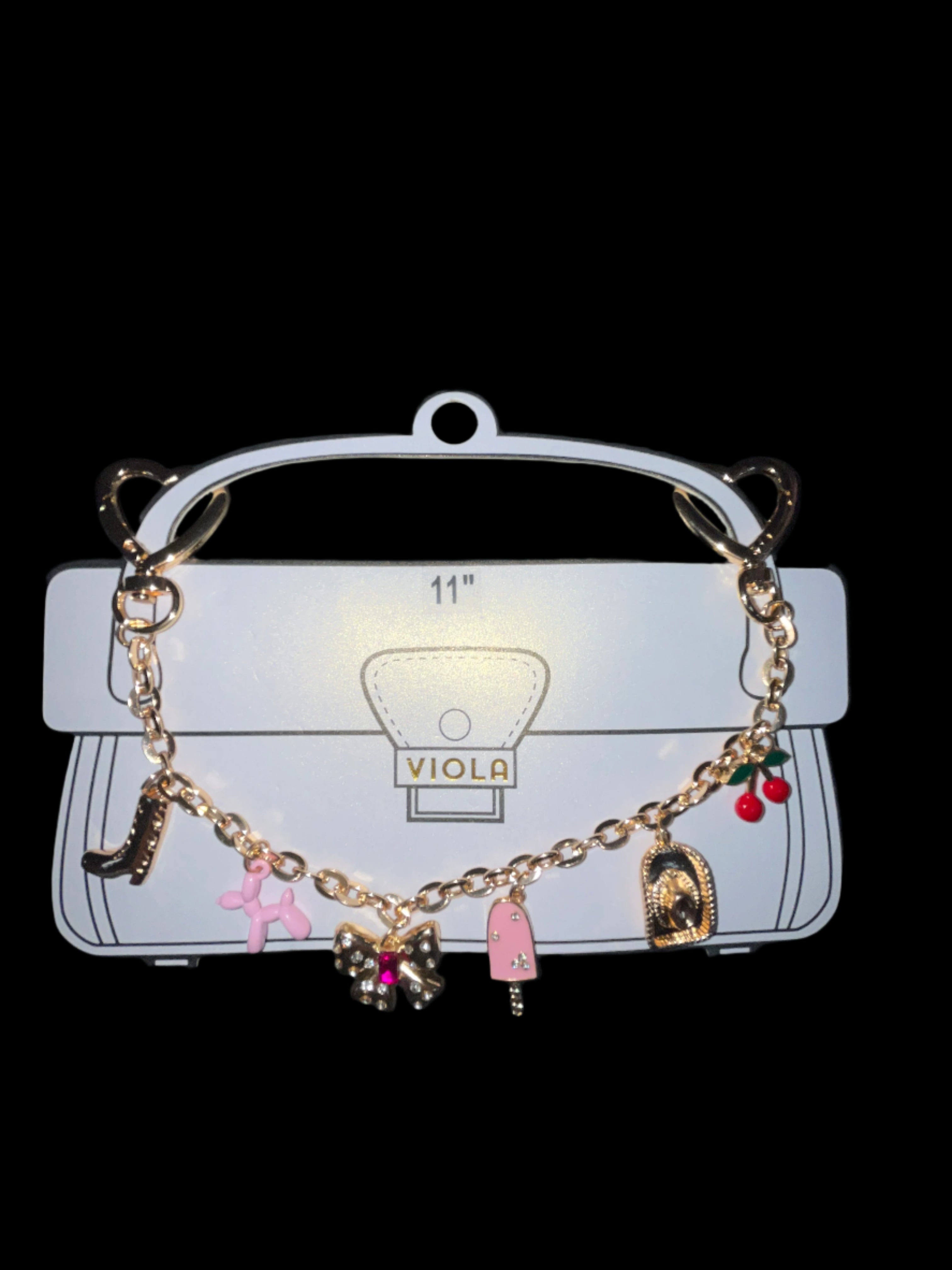 GOLD PURSE CHAIN W/BOOT, HAT CHERRY, BALLOON DOG, BOW, & POPSICLE CHARMS