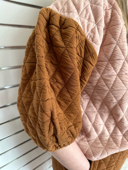 Caramel and Blush Color Block Quilted Shorts Set