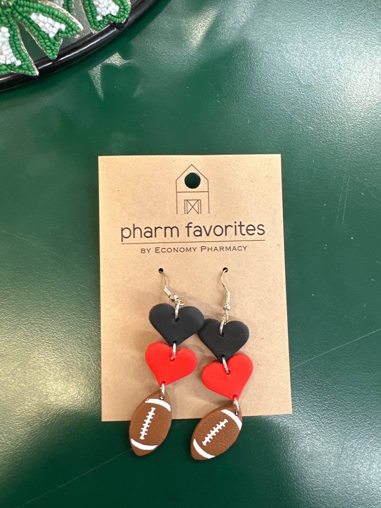 TIERED HEARTS & FOOTBALL EARRINGS - RED/BLK