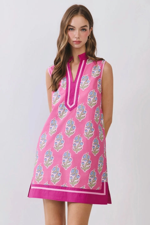 PINK FLORAL PRINT CONTRAST BORDER MINI DRESS