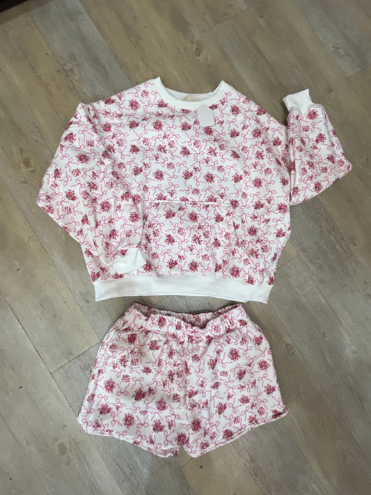 FLORAL PRINTED FLEECE TERRY 2PC SWEATSHIRT & SHORTS SET