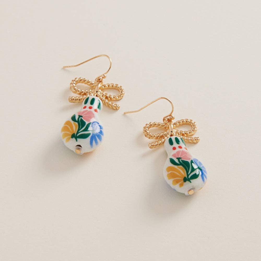 Strawberry Ceramic Bead W Metal Bow Hook Earrings