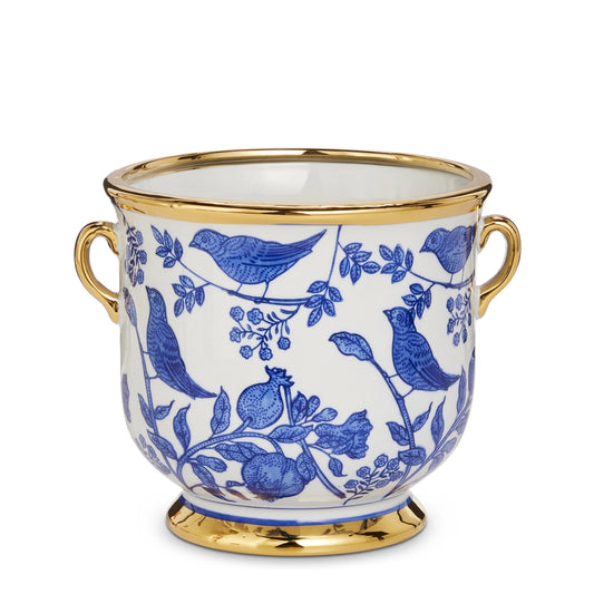 7.5" BLUE BIRD CACHE POT WITH HANDLES