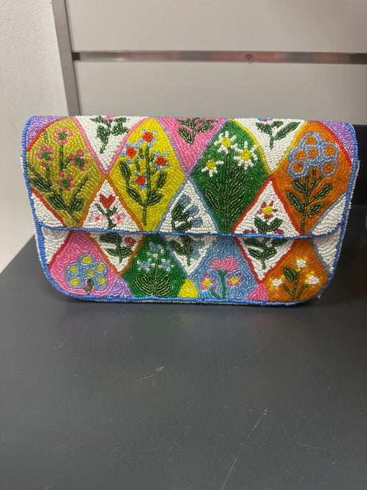 BEADED SHOULDER BAG - DIAMOND FLORAL