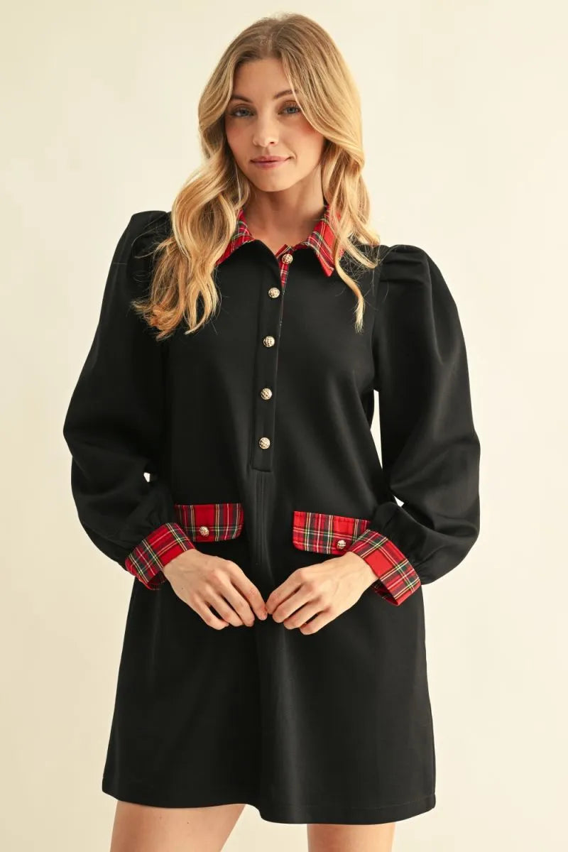 BLACK PUFF SHOULDER LONG SLEEVE SHIFT DRESS WITH PLAID ACCENT