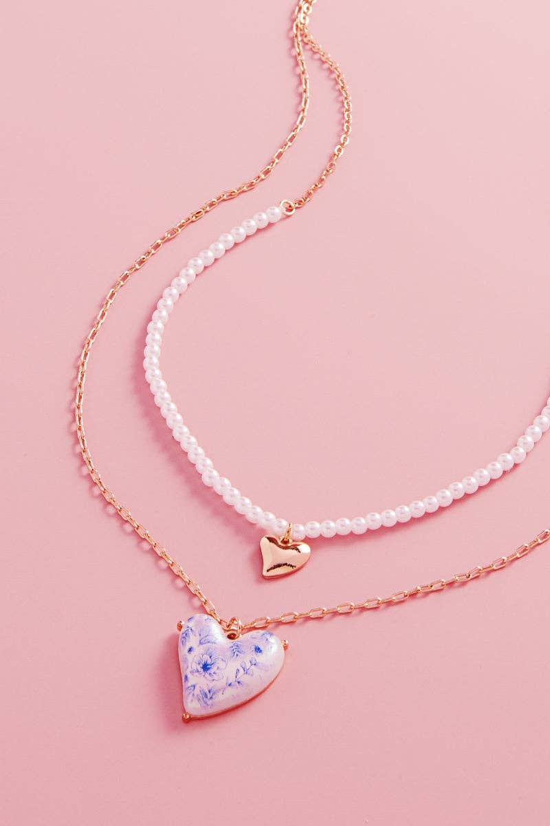 Heart Pearl W Flower 2 Layered Necklace