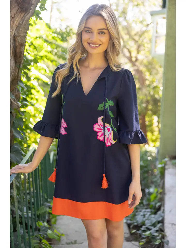 NAVY TASSEL V-NECK FLORAL EMBROIDERY DETAILED SHIFT DRESS