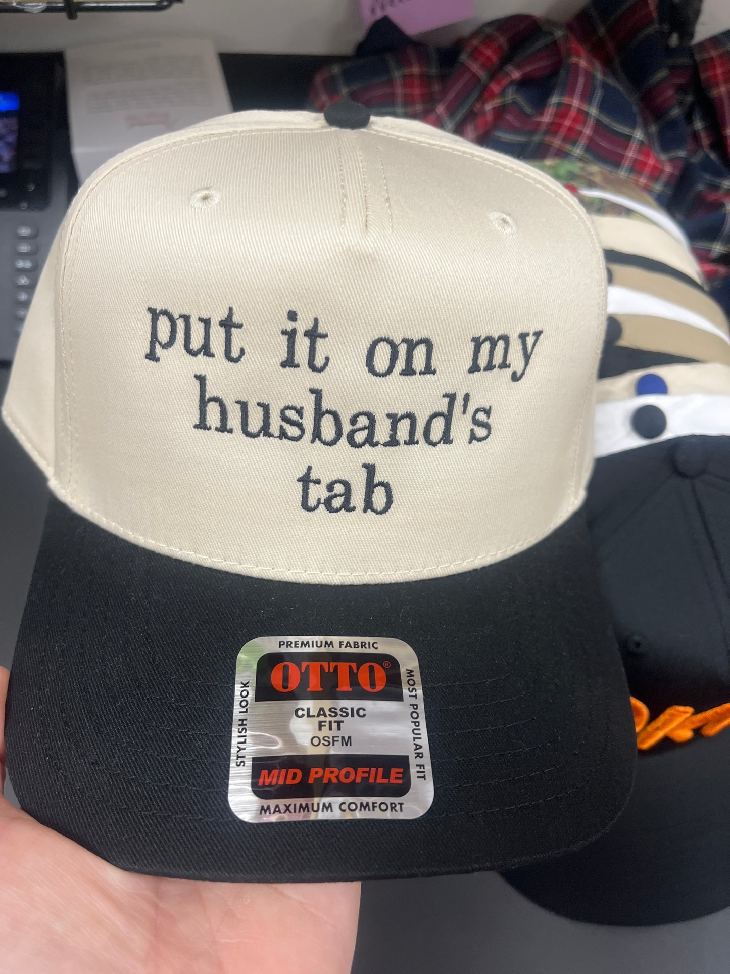 IVORY/BLACK "PUT IT ON MY HUSBANDS TAB" HAT