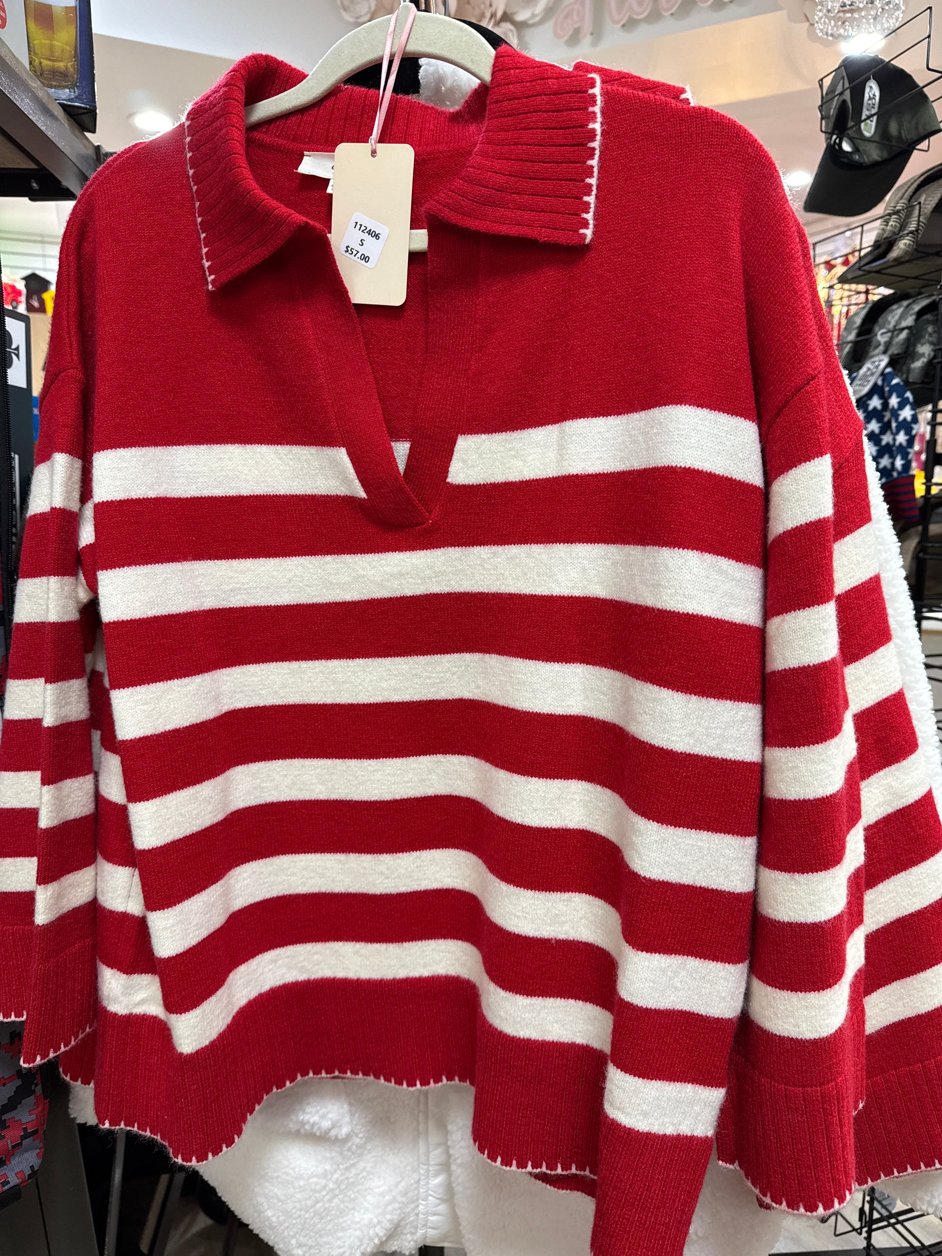RED & WHITE STRIPE SWEATER BLANKET STITCH TRIM