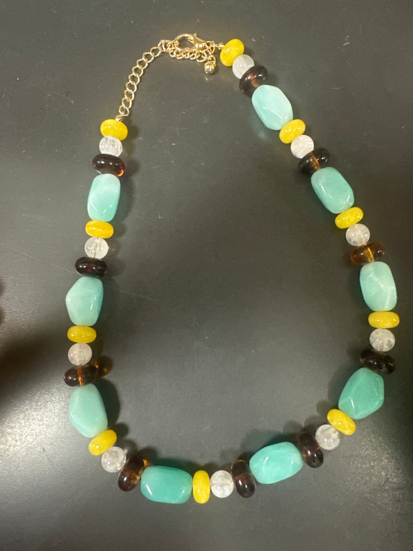 AQUA, BROWN, YELLOW BEADED NECKLACE