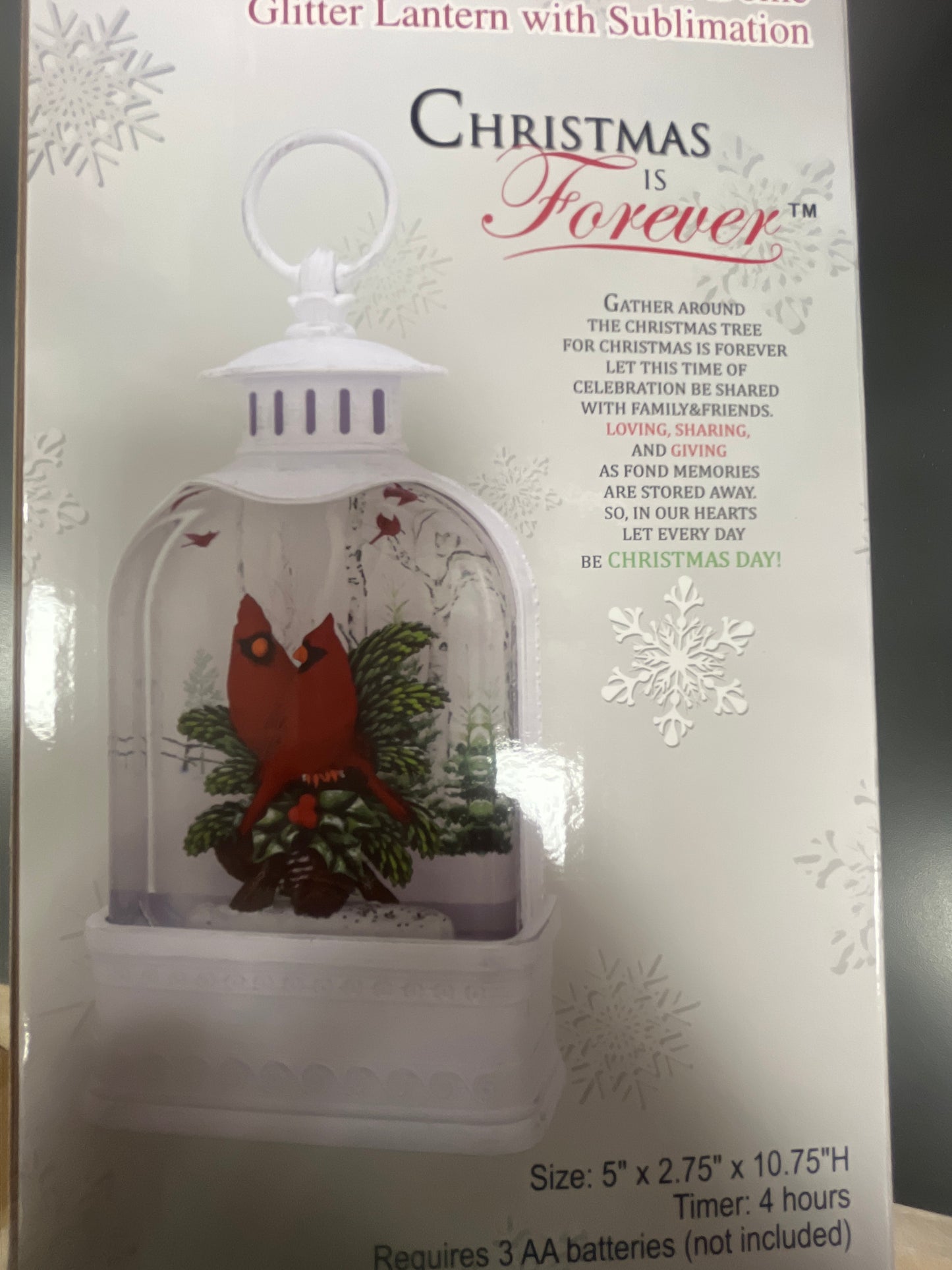 10.75" CARDINAL PINE NEST WIDE DOME GLITTER LANTERN