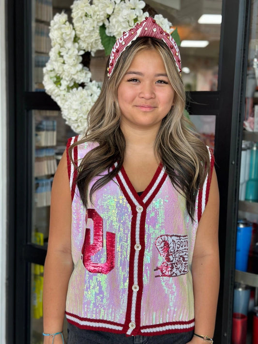 LICENSED WHITE CRIMSON OU FULL SEQUIN BUTTON UP SWEATER VEST