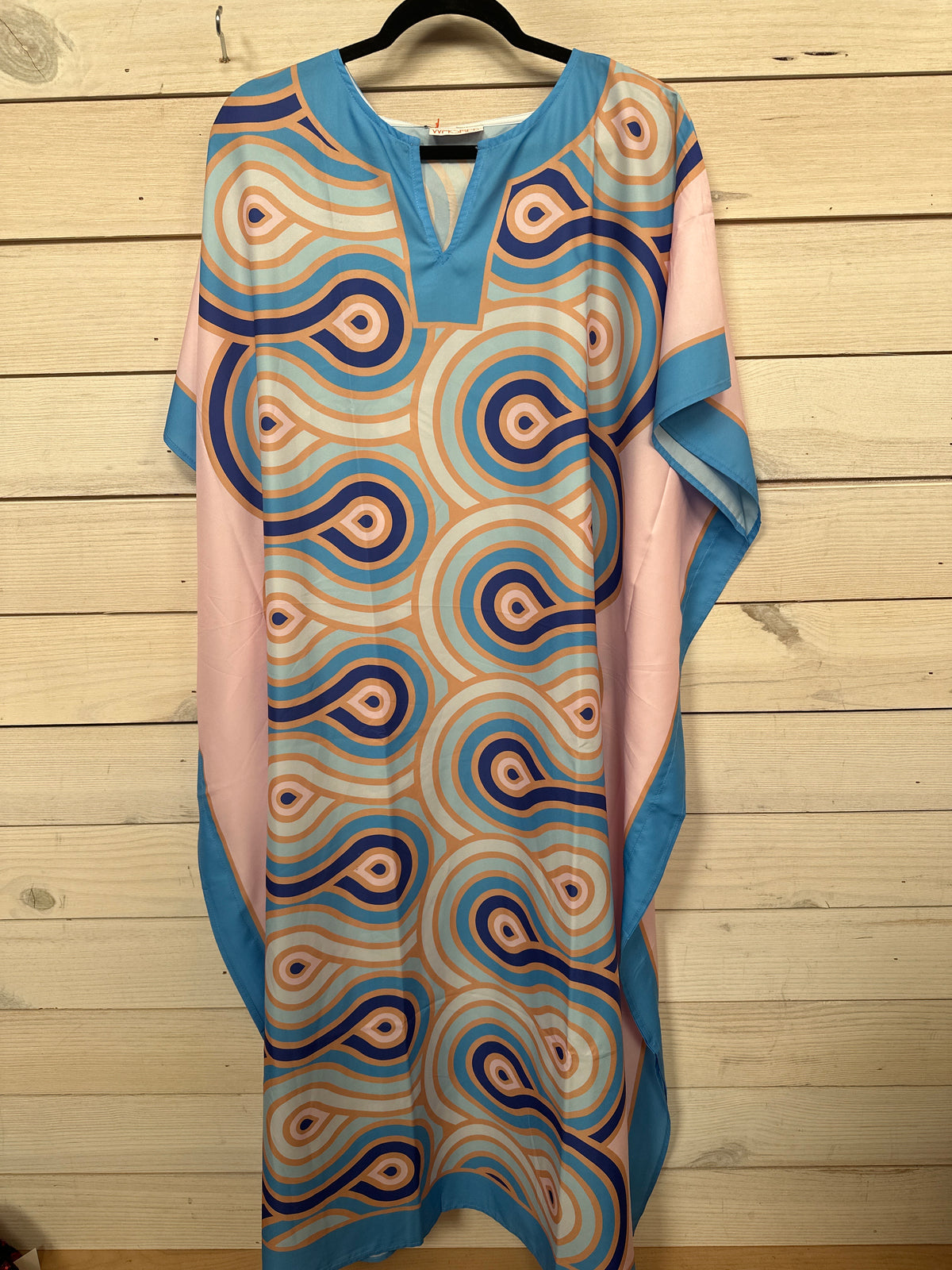pink moo moo dress MOO-MOO W/PINK/BLUE/GOLD finish-barnwood-brown Terry Costa Primavera Homecoming feminine flutter sleeves Size:XL (14-16)