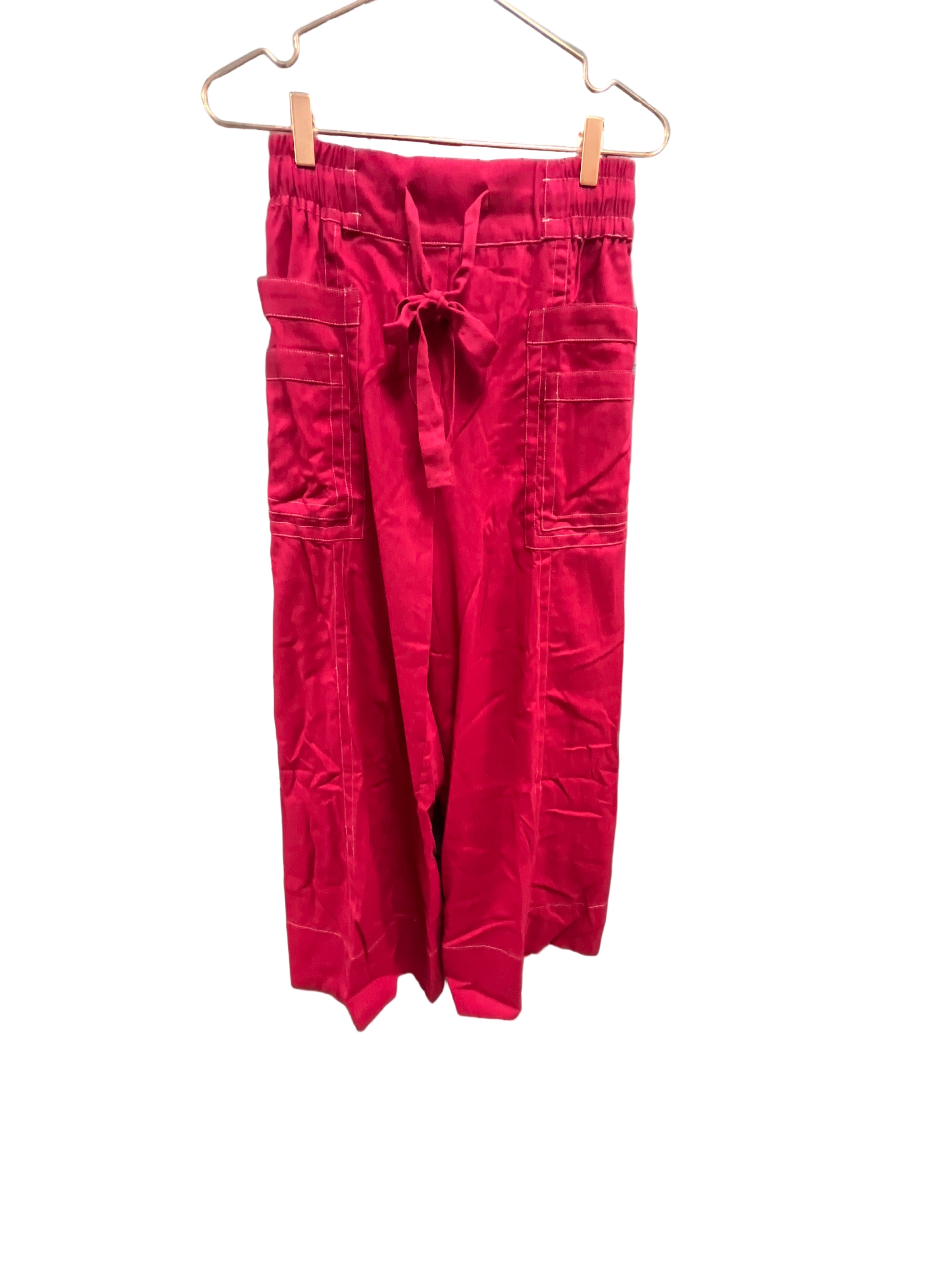 RED LINEN WIDE LEG PANTS WITH TIE AND CONTRASTING STITCHING