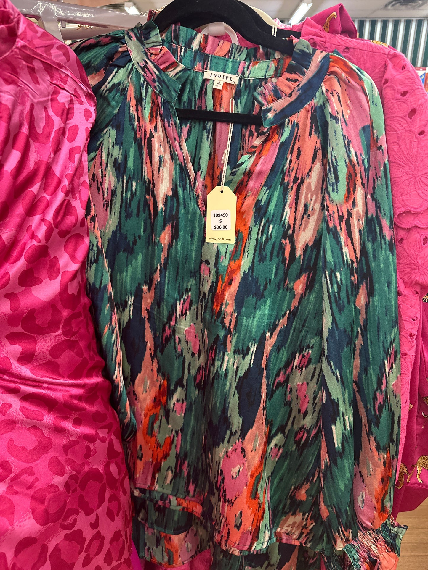 GREEN/PINK BLOUSE W/SMOCKED SLEEVES - 3XL