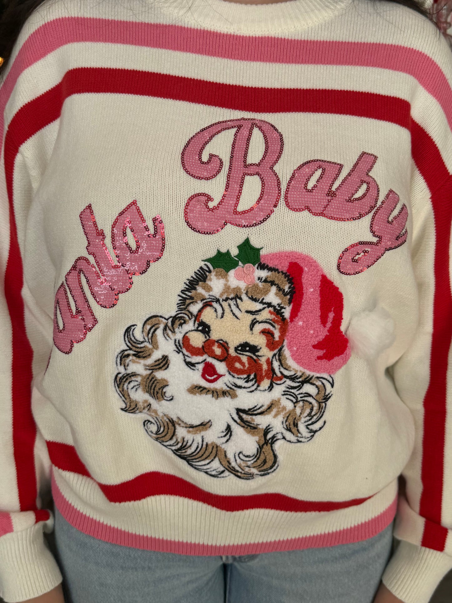 Red, Pink, & White Stripe 'Santa Baby' Fuzzy Santa Sweater