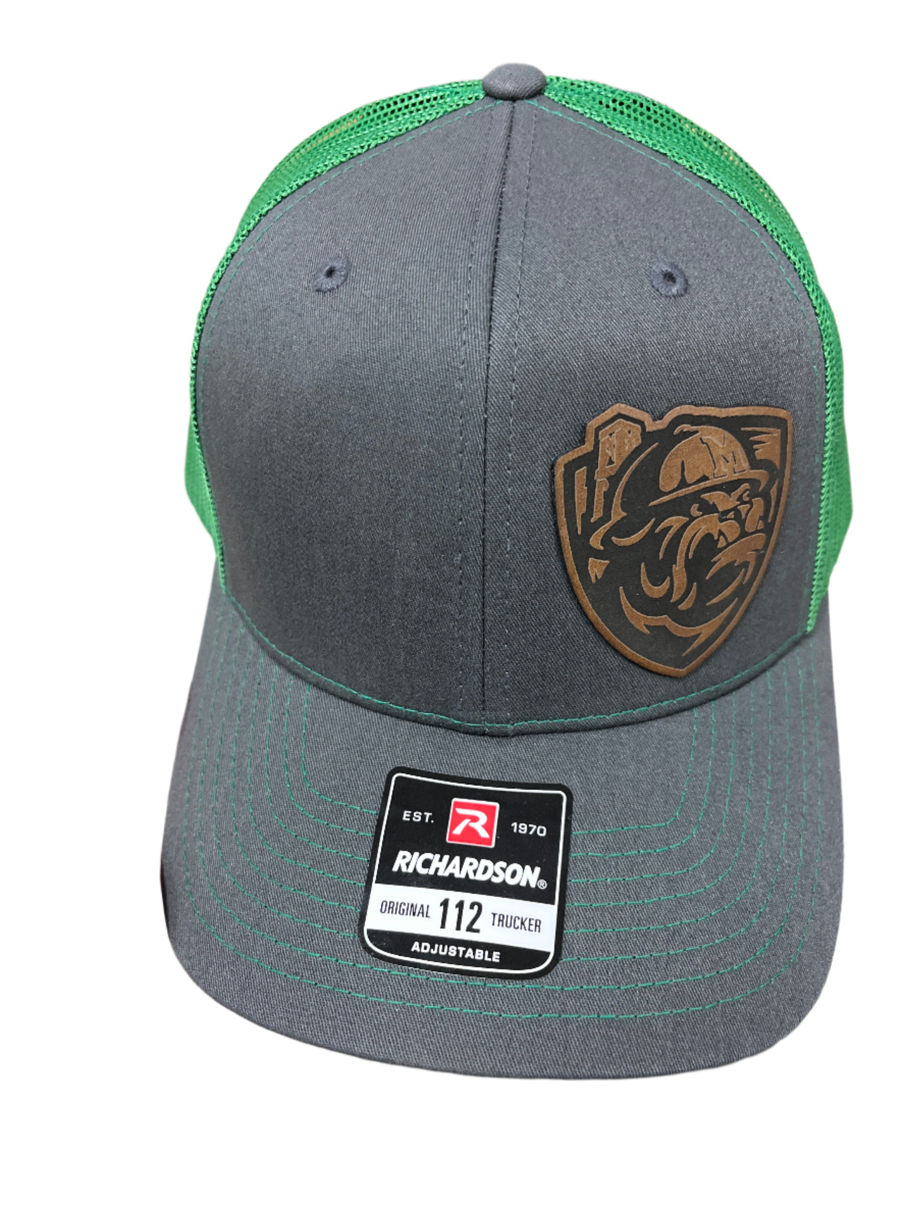 GREY/GREEN HAT WITH OFF CENTER LEATHER ROUGHER PATCH