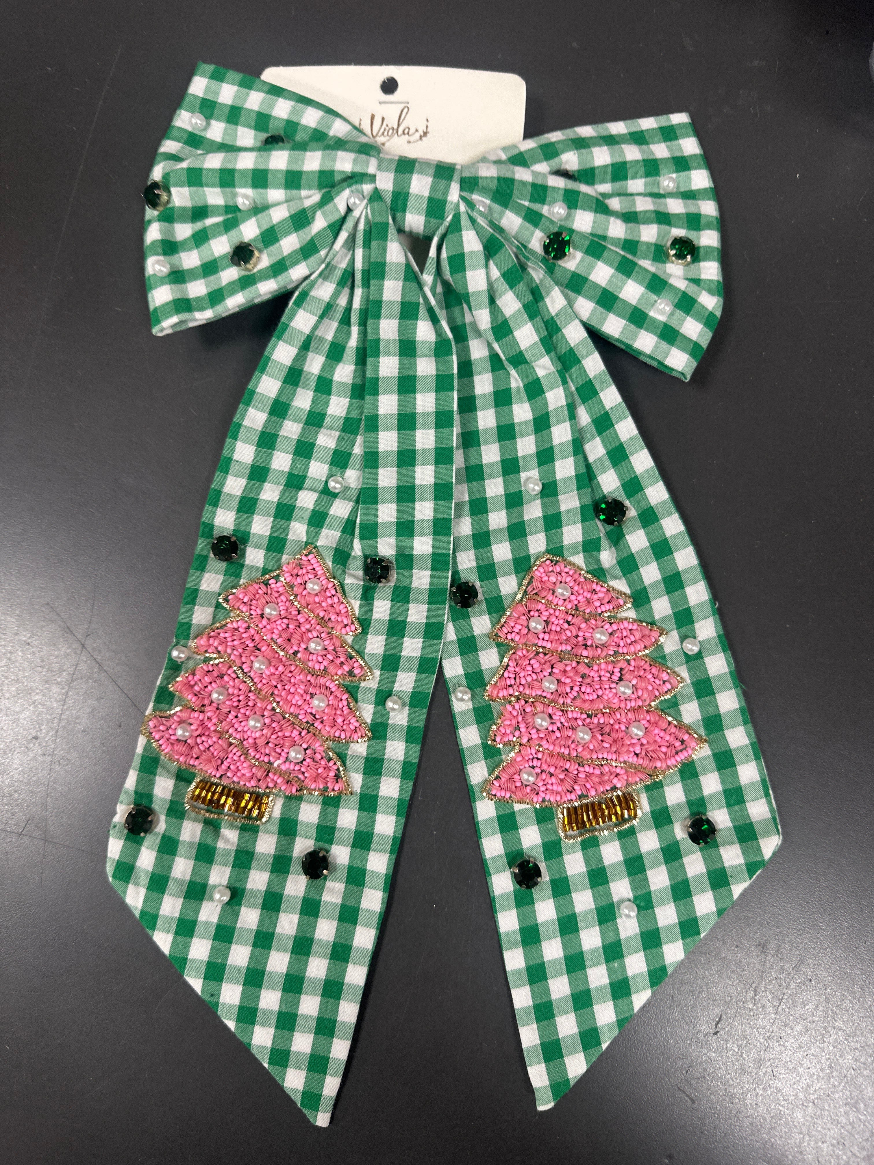 CHECKER CHRISTMAS TREE HAIR BOW - GREEN