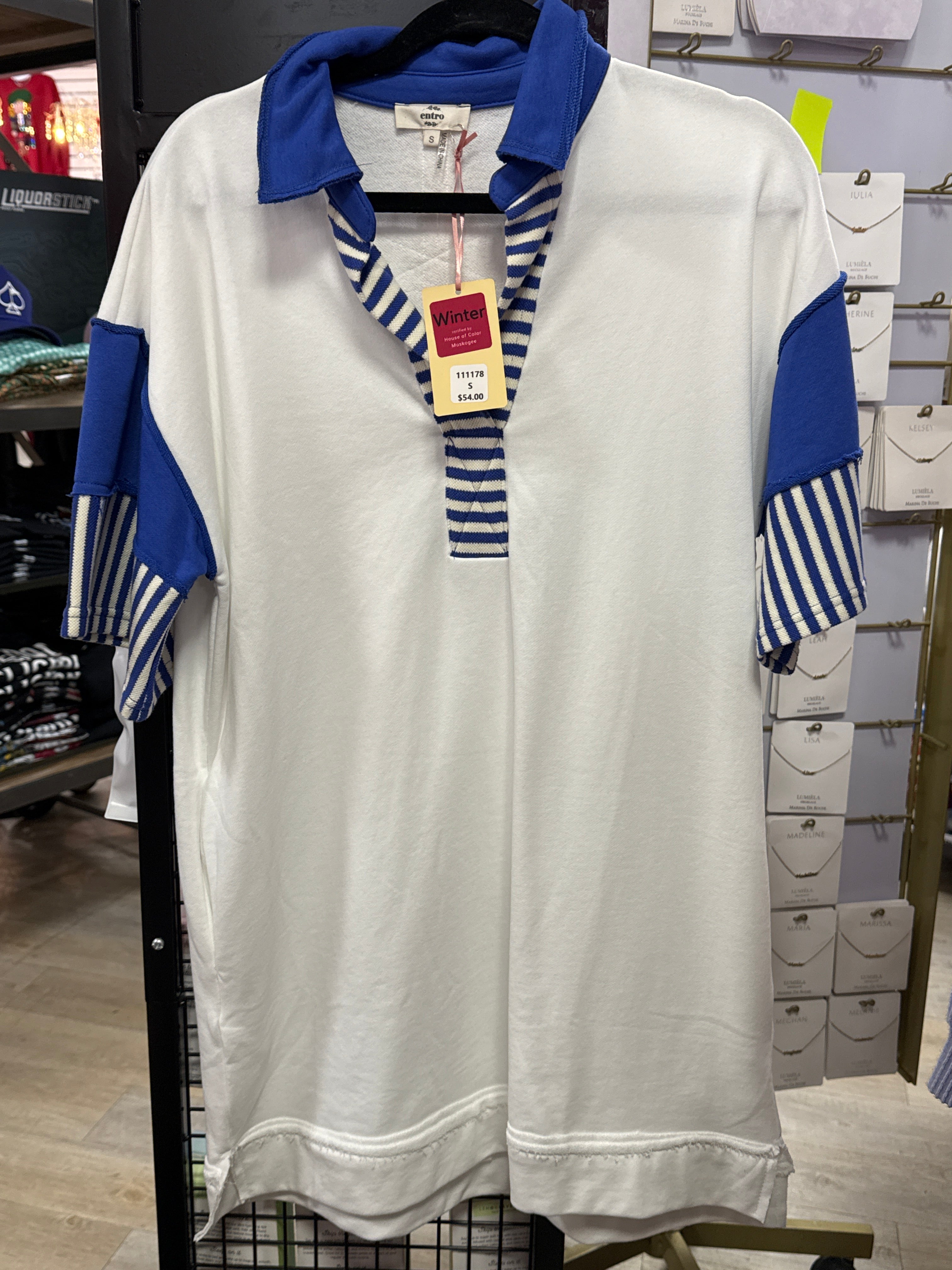 OFF WHITE/BLUE STRIPE POLO SHIRT DRESS