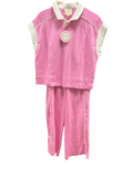 PINK 2 PC PANT SET W/WHITE CONTRAST COLLAR, SLEEVES & TRIM