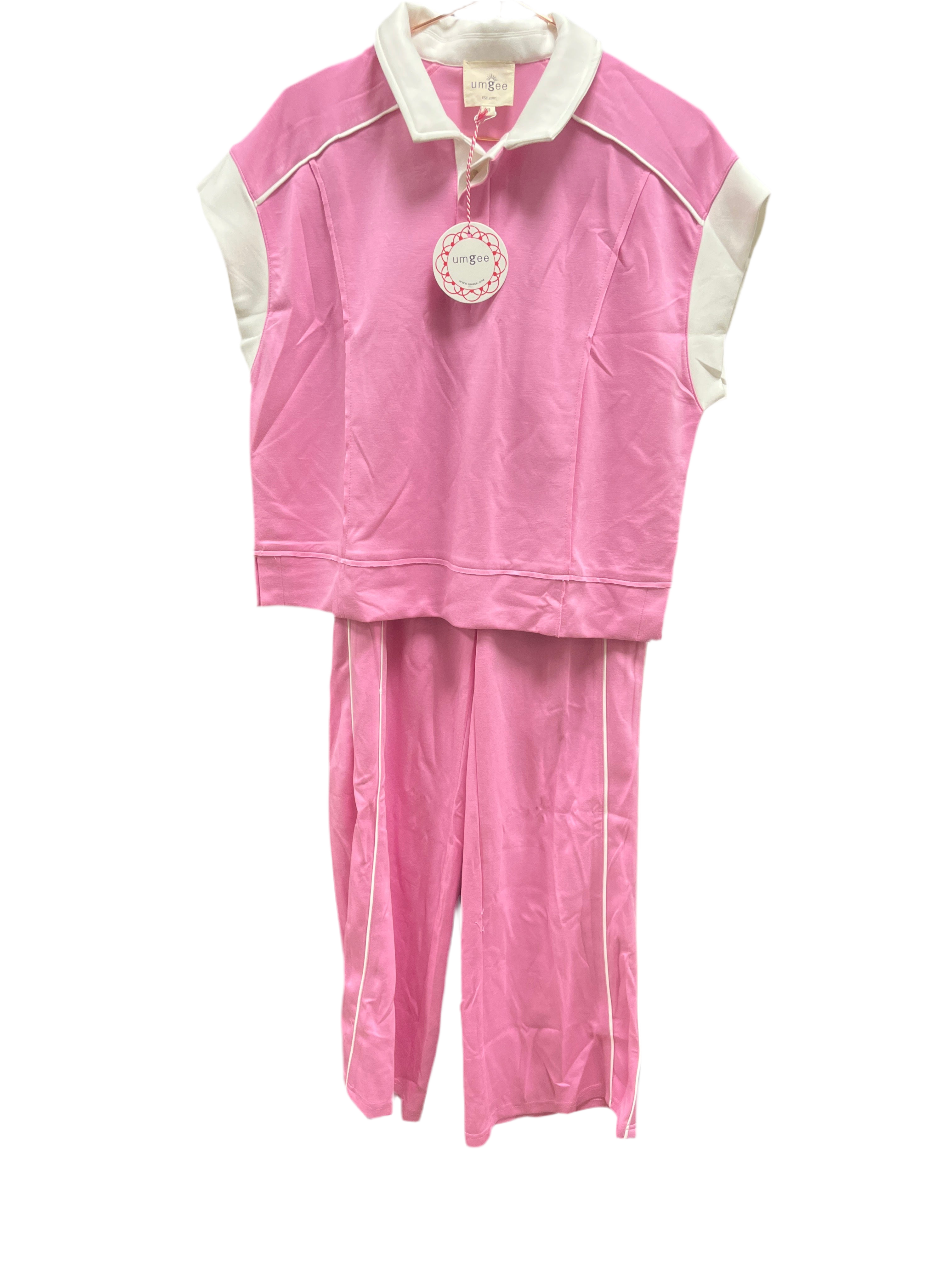 PINK 2 PC PANT SET W/WHITE CONTRAST COLLAR, SLEEVES & TRIM
