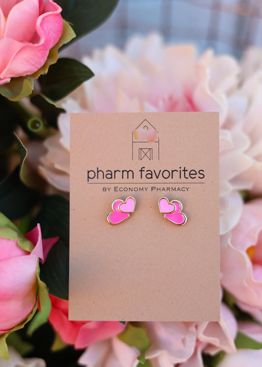 DOUBLE PINK HEART STUD EARRINGS