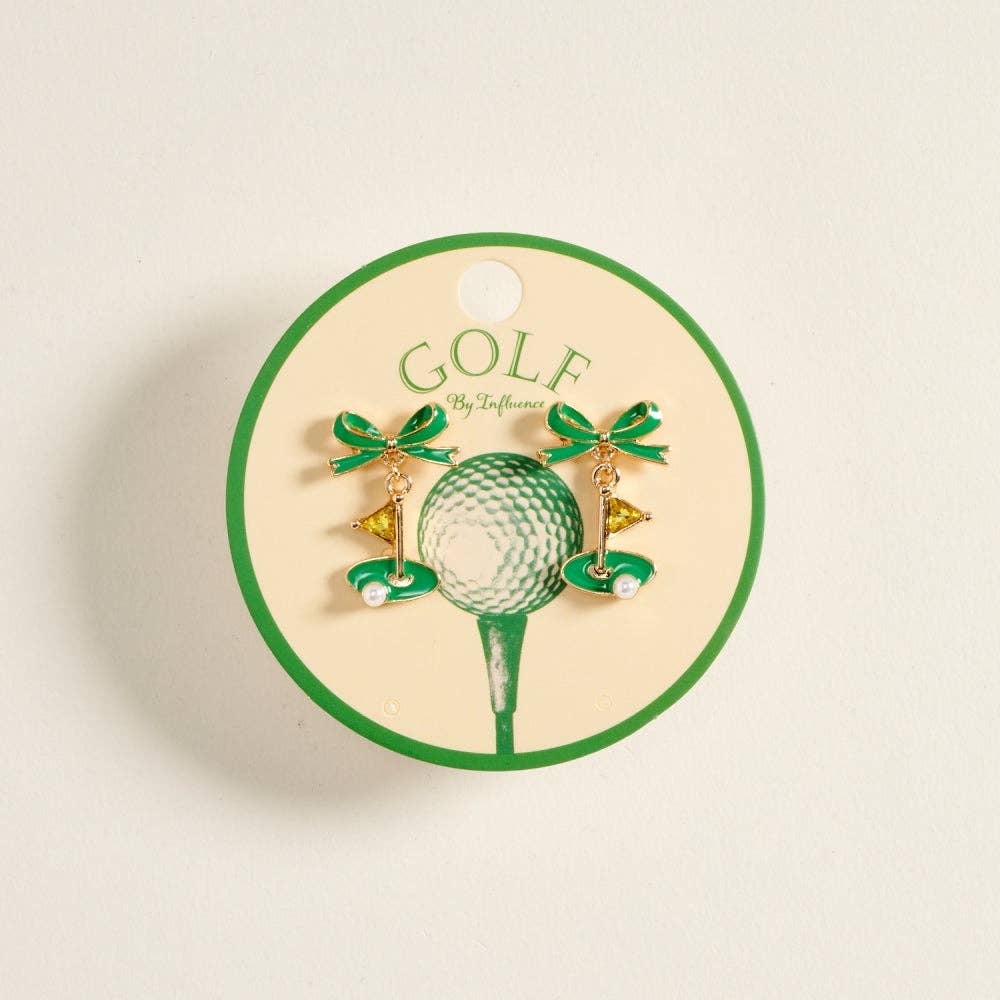 ENAMEL GOLF FLAG MARKER RIBBON BOW STONE PEARL EARRINGS