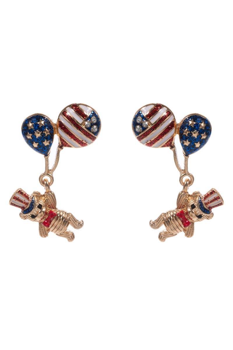 Teddy Bear American Flag Balloon Post Earrings