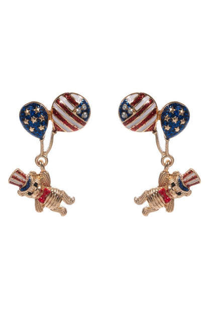 Teddy Bear American Flag Balloon Post Earrings