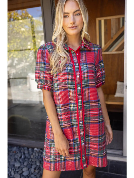 COLLARED BUTTON DOWN PLAID SEQUIN DRESS - RED