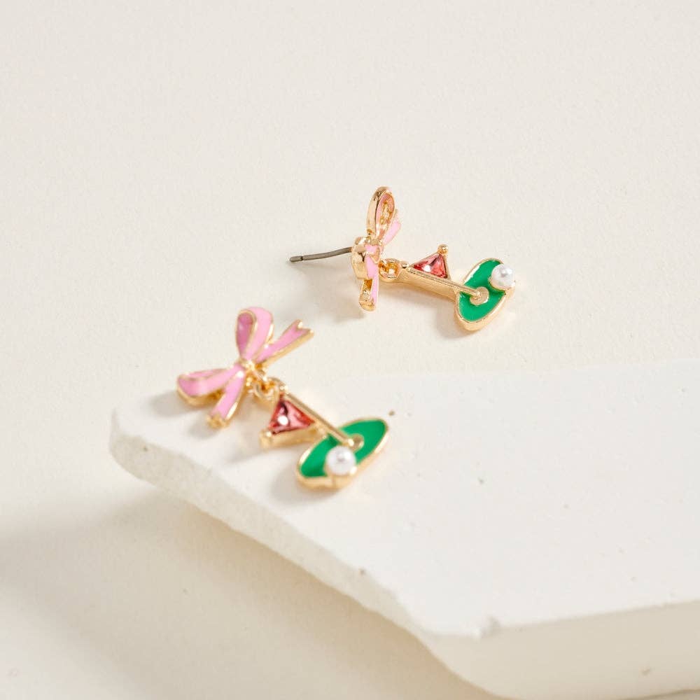 ENAMEL GOLF FLAG MARKER RIBBON BOW STONE PEARL EARRINGS