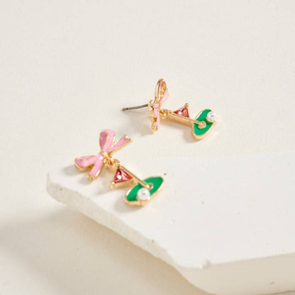 ENAMEL GOLF FLAG MARKER RIBBON BOW STONE PEARL EARRINGS