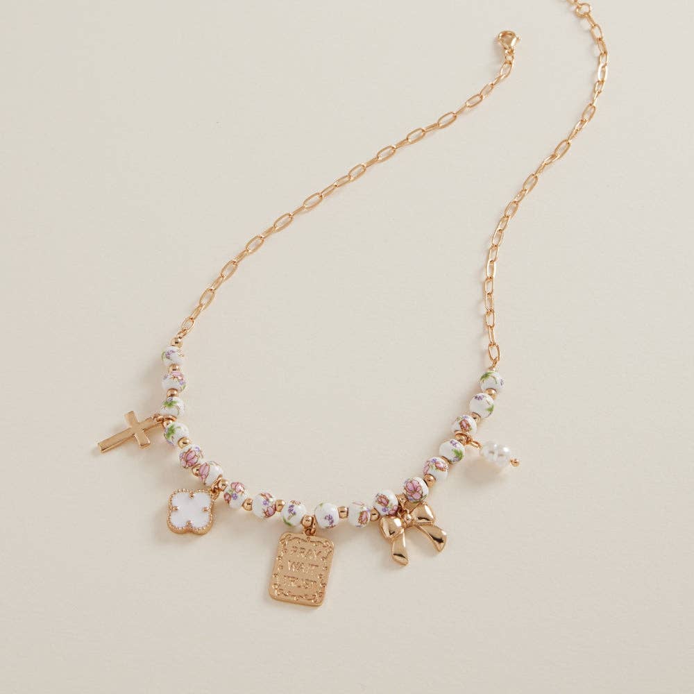 Mixed Shaped Metal Charms Ceramic Beads Necklace