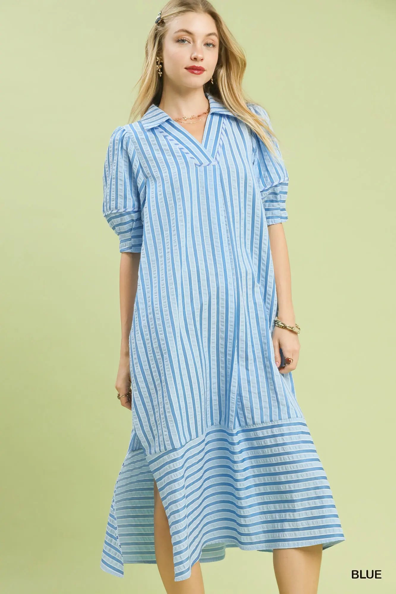 BLUE STRIPED PUFF SLEEVE MIDI DRESS