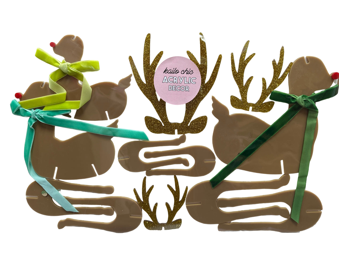 ACRYLIC REINDEER TAN WITH GOLD ANTLERS - BLUE/GREEN