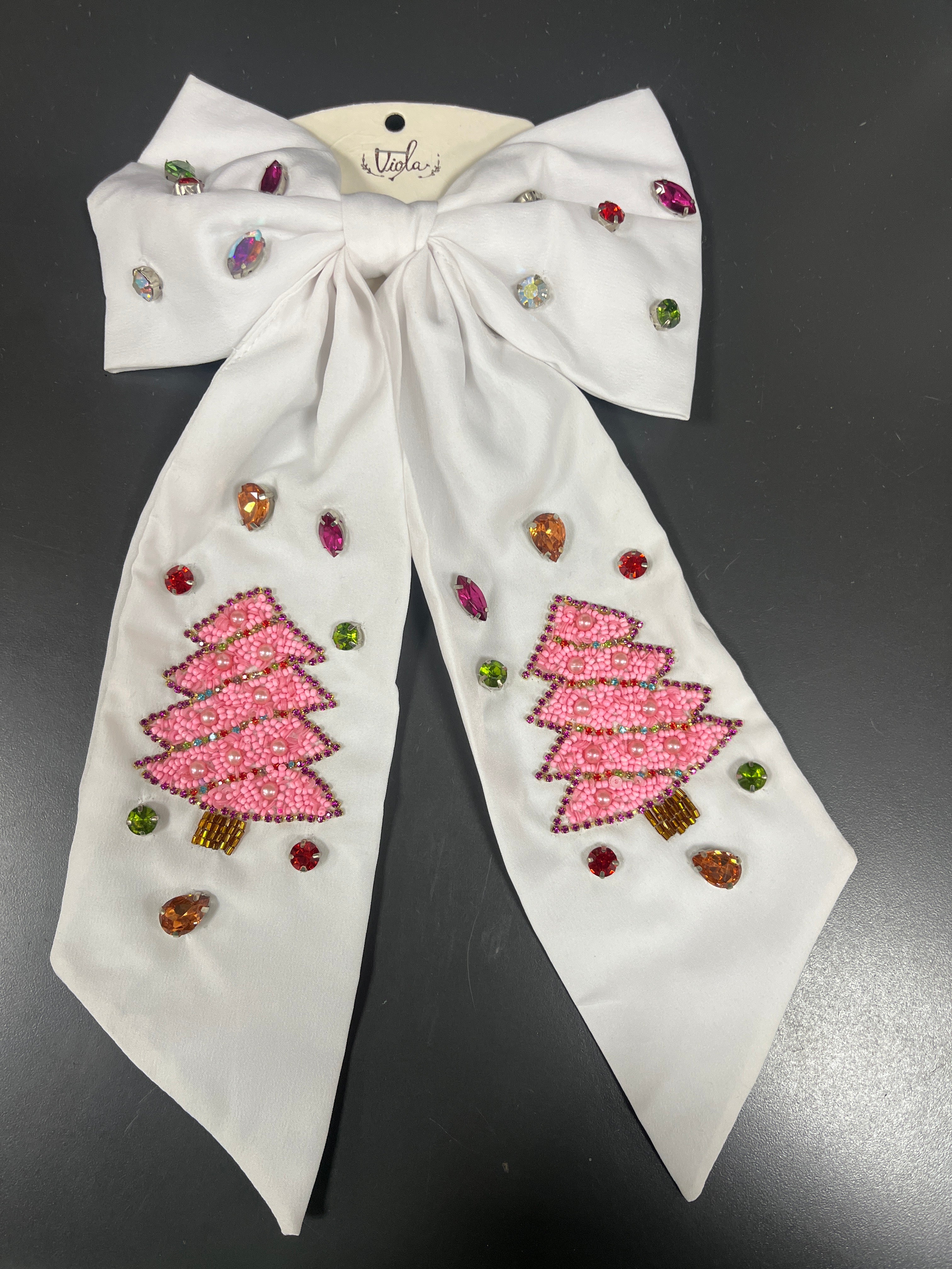 PINK CHRISTMAS TREE  HAIR BOW - WHITE