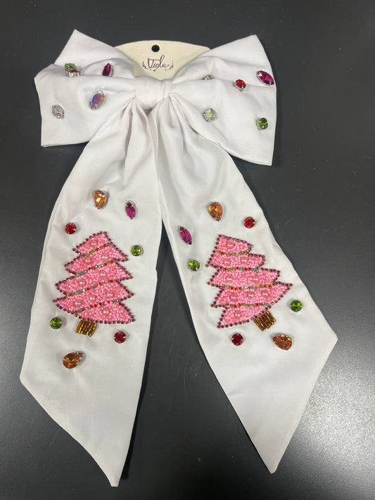PINK CHRISTMAS TREE  HAIR BOW - WHITE