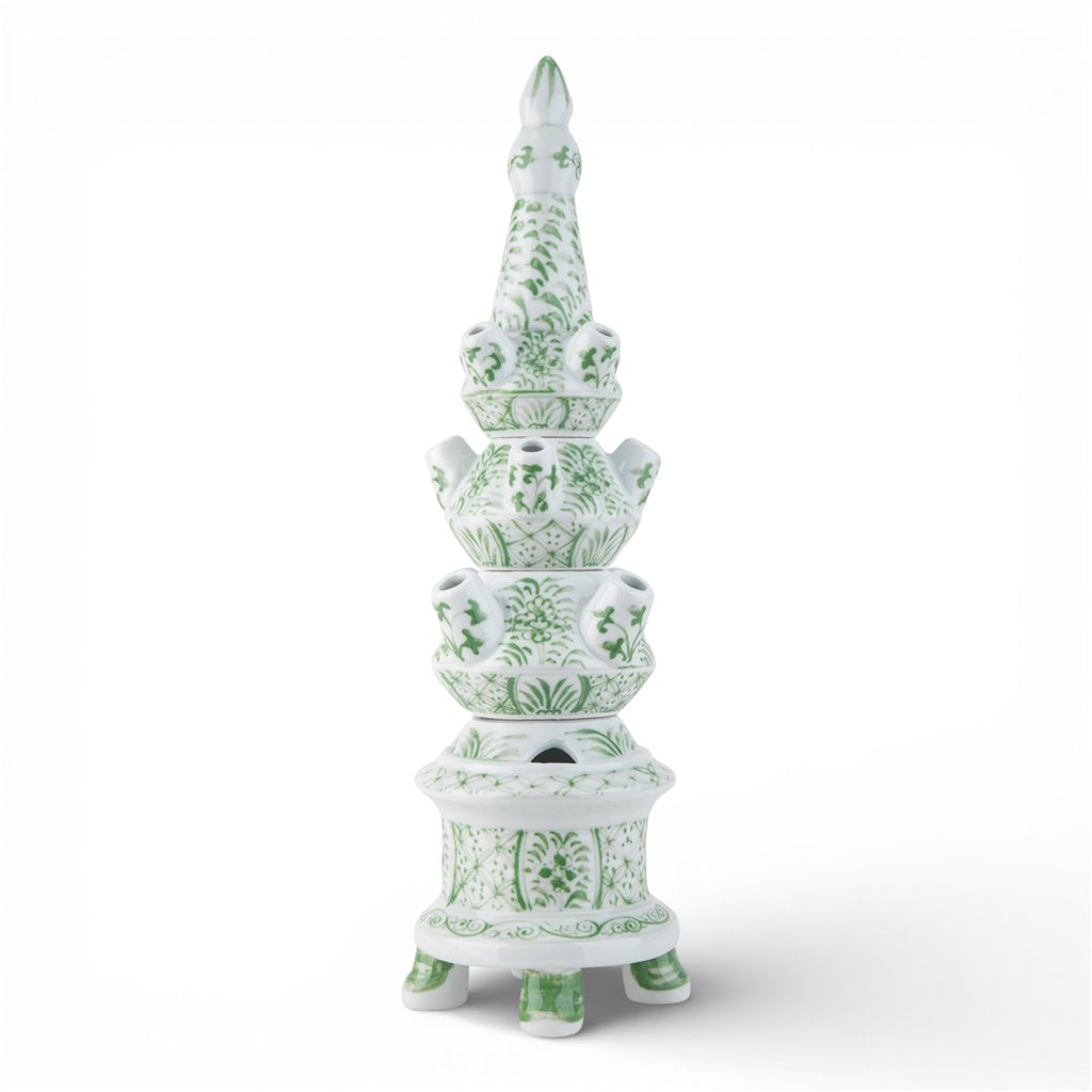 GREEN & WHITE ROUND 4-TIER TULIPERE VASE - GREEN FLOWER