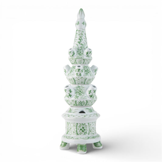 GREEN & WHITE ROUND 4-TIER TULIPERE VASE - GREEN FLOWER