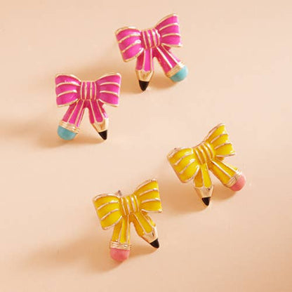 TEACHERS DAY SCHOOL ENAMEL BOW PENCIL POST EARRINGS