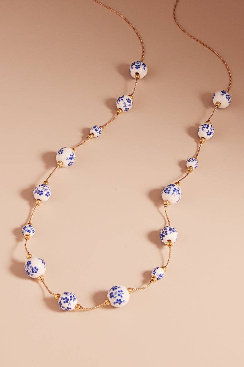Flower Round Shape Ceramic Beaded Long Necklace