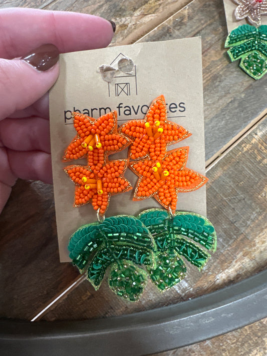 FELIX FLOWER & PALM EARRINGS - ORANGE
