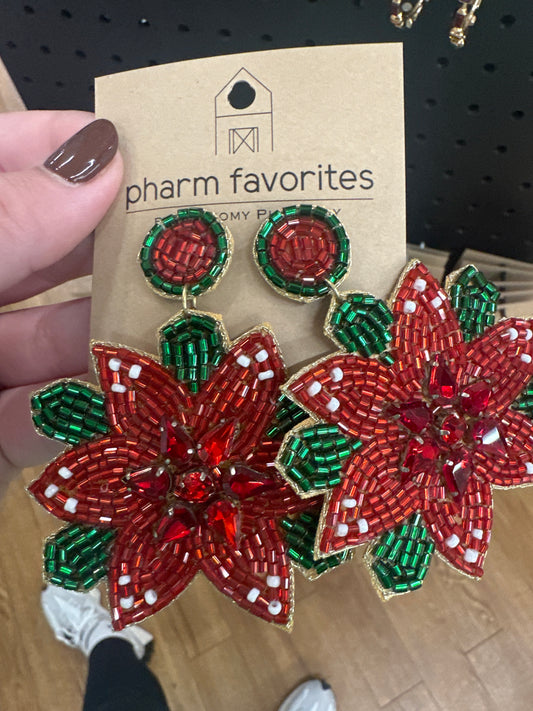 BEADED RED POINSETTIA EARRINGS