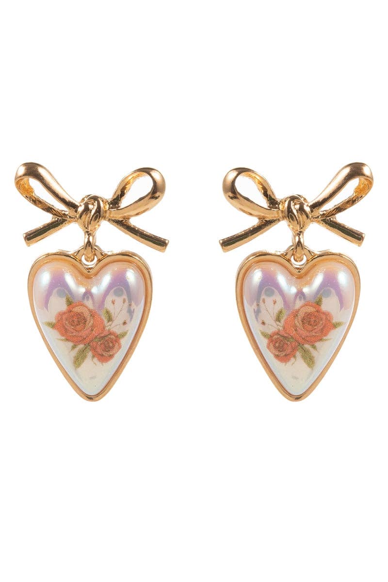 Valentines Heart Pearl Flower Print Post Earrings
