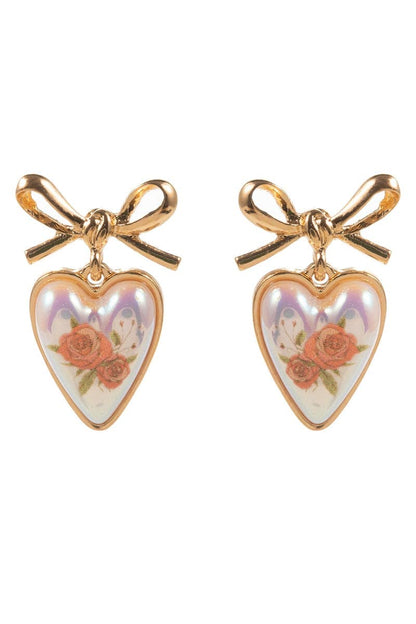 Valentines Heart Pearl Flower Print Post Earrings