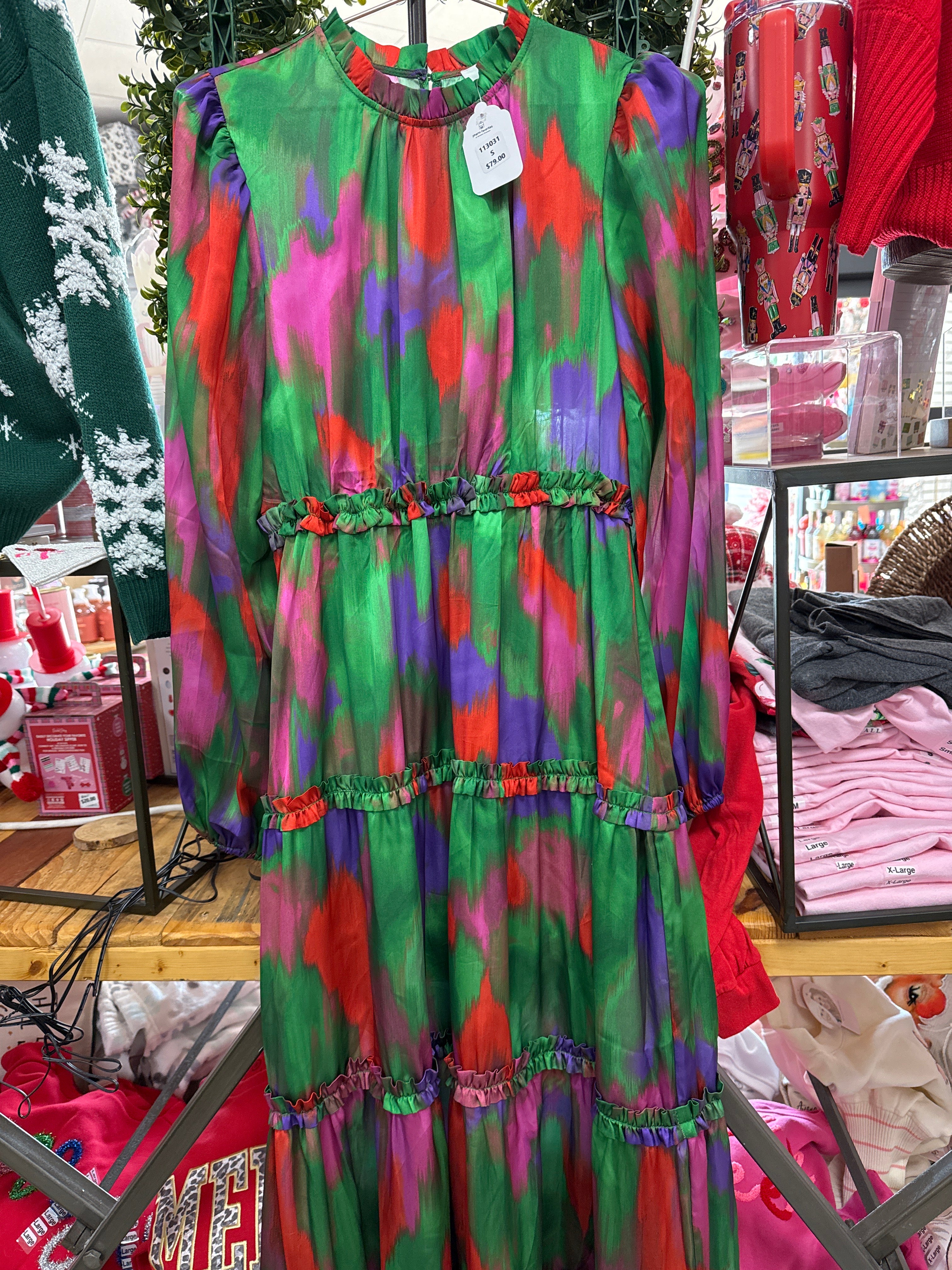 SATIN GRN/PPL RUFFLE DETAIL TIERED MAXI DRESS