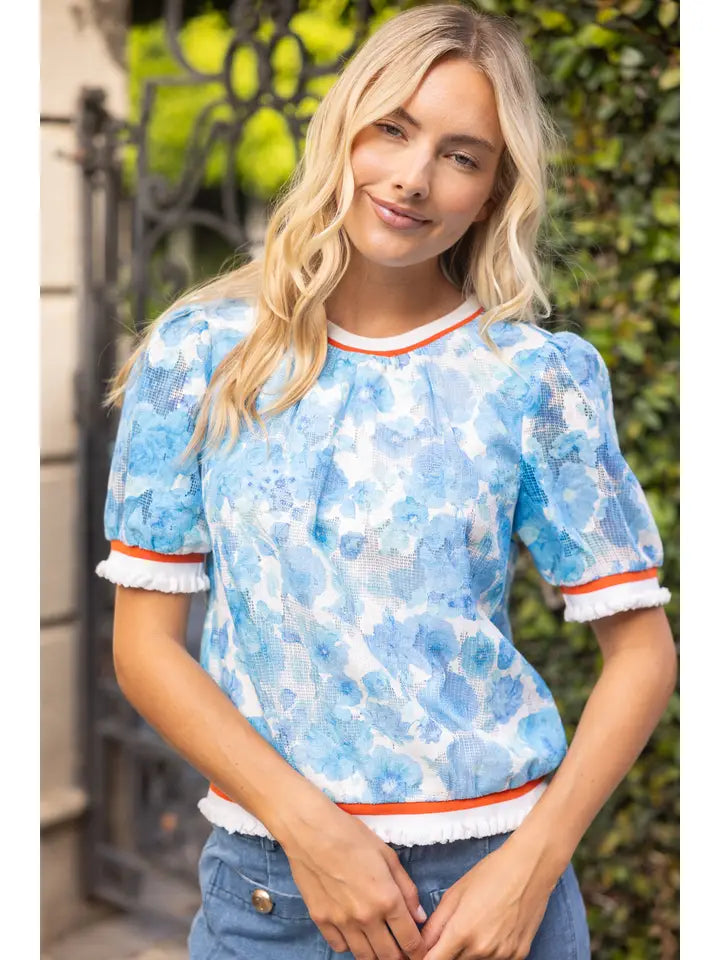 STRIPE RIBBED KNIT BAND DETAILED BLUE  FLORAL TEXTURED BLOUSE