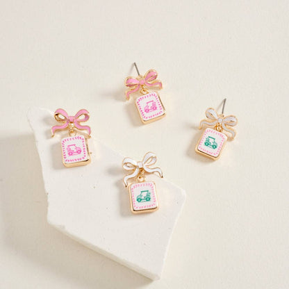 ENAMEL GOLF CART TILE RIBBON POST EARRINGS