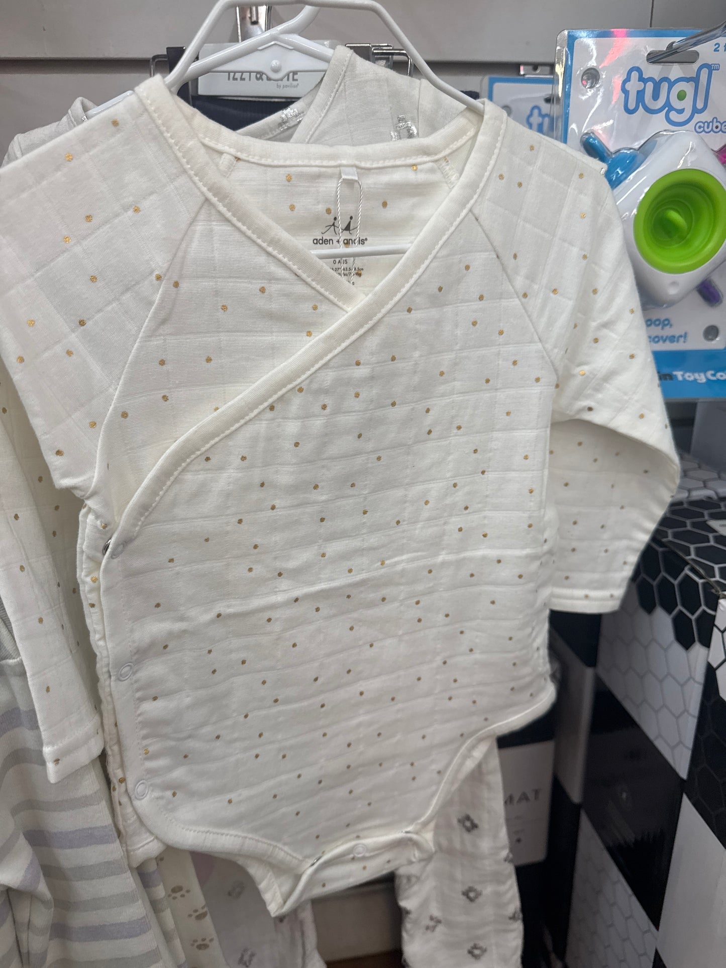 METALLIC GOLD CONFETTI DOT LONG SLEEVE KIMONO BODY SUIT - 6-9 MO