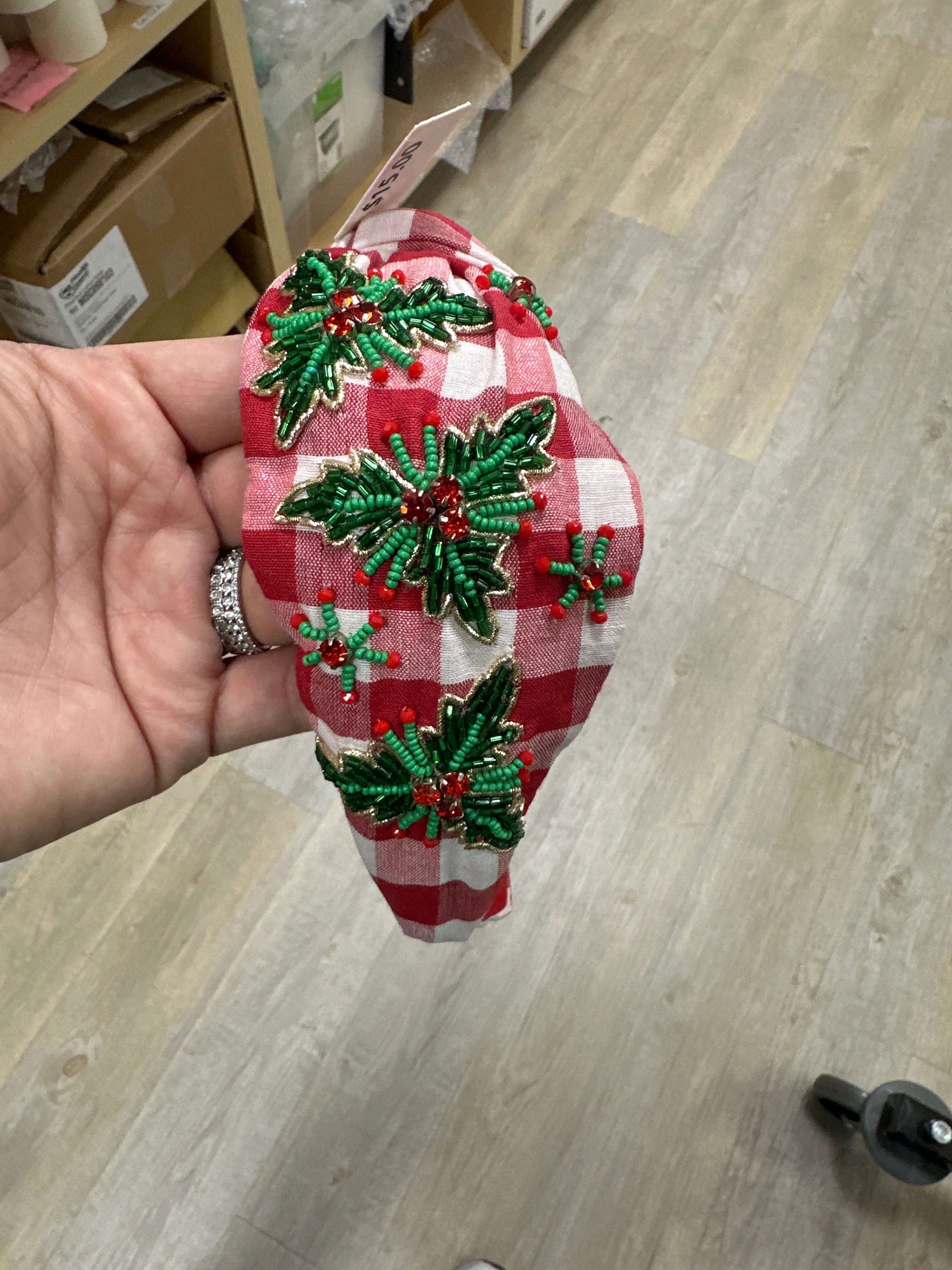 RED CHECKED CHRISTMAS HOLLY HEADBAND